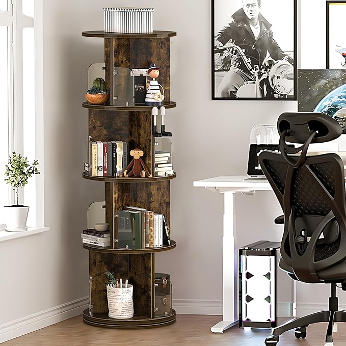 VECELO Rotating Bookshelf Tower, 360°Revolving Bookcase, Round Book Shelf - Image 2
