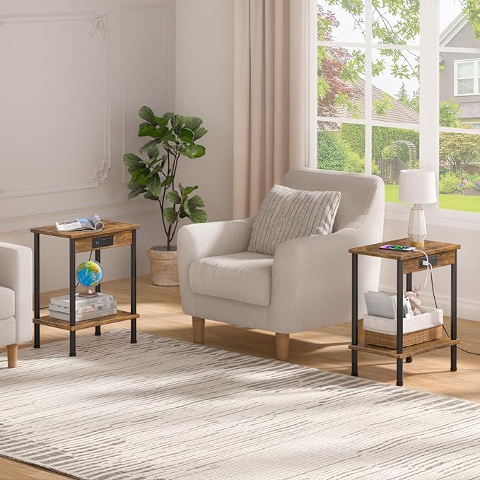 End Table with Charging Station, Small Side Table, 2-Tier Nightstand with - Image 3