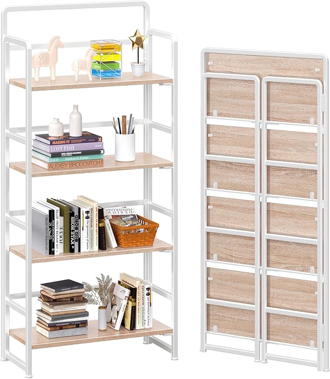 4NM No Assembly Folding Bookshelf, 4-Shelf 54" H Collapsible Foldable Bookcase by 4NM