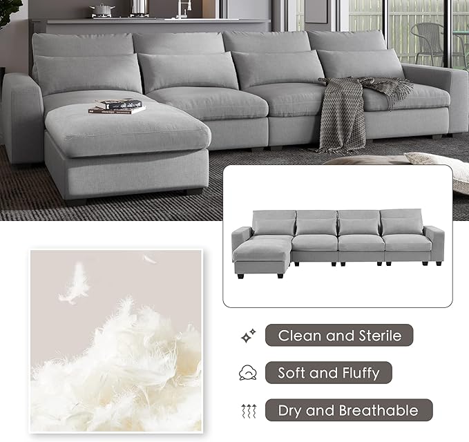 129.9 Inch Modern Oversized L-Shape Feather Filled Sectional Sofa - Image 4