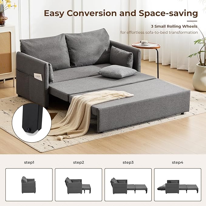 Furnimart 62" Queen Size Pull Out Sofa Bed, 3 in 1 Convertible Sleeper Bed - Image 8
