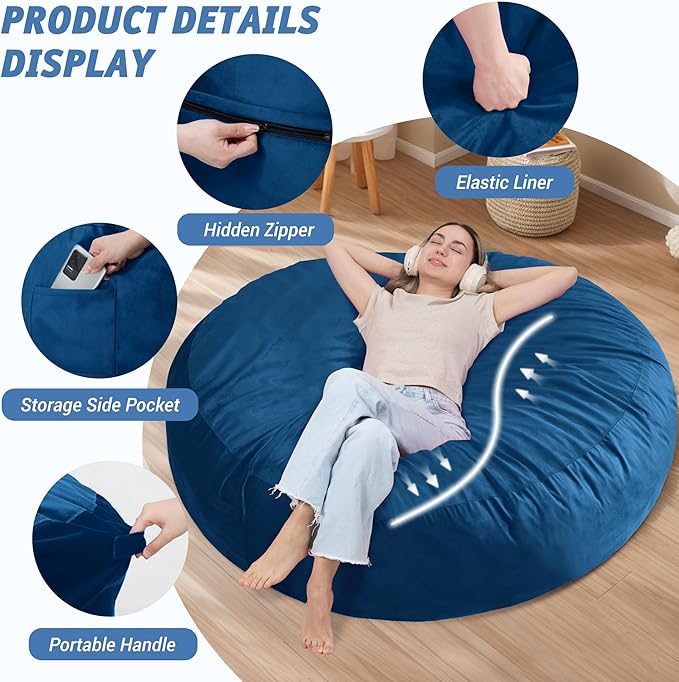 7FT Bean Bag Chair with Ultra Soft Velvet Cover Bean Bag Sofa with Memory Foam - Image 4