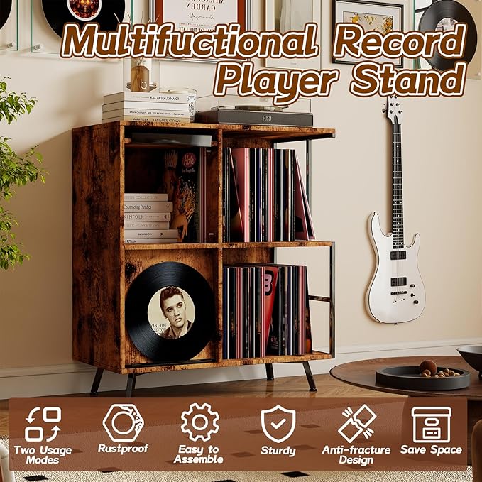 3 Tier Record Player Stand, Flip Top Record Player Cabinet, Mid Century Record - Image 7