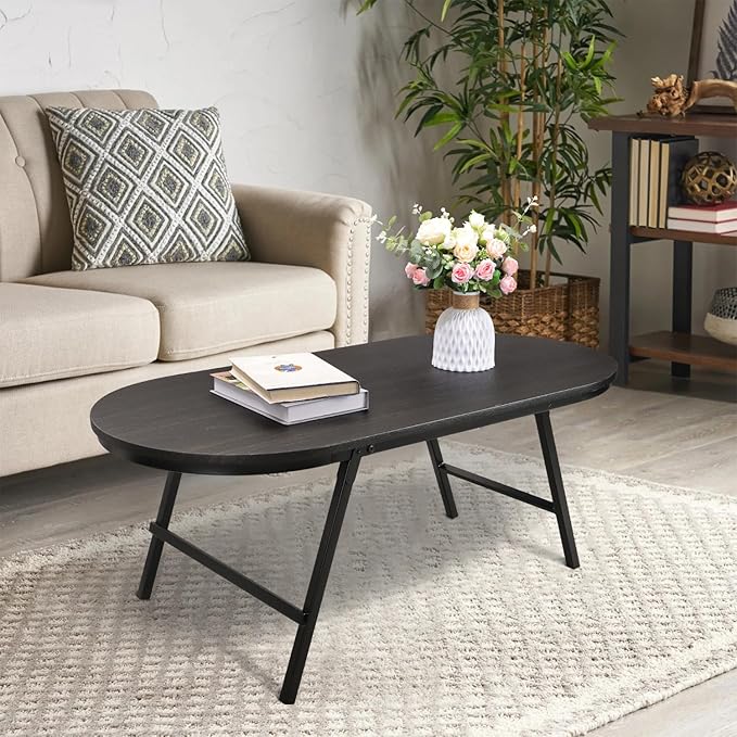 Small Oval Coffee Table Wood and Metal Folding Low Coffee Tables - Image 2