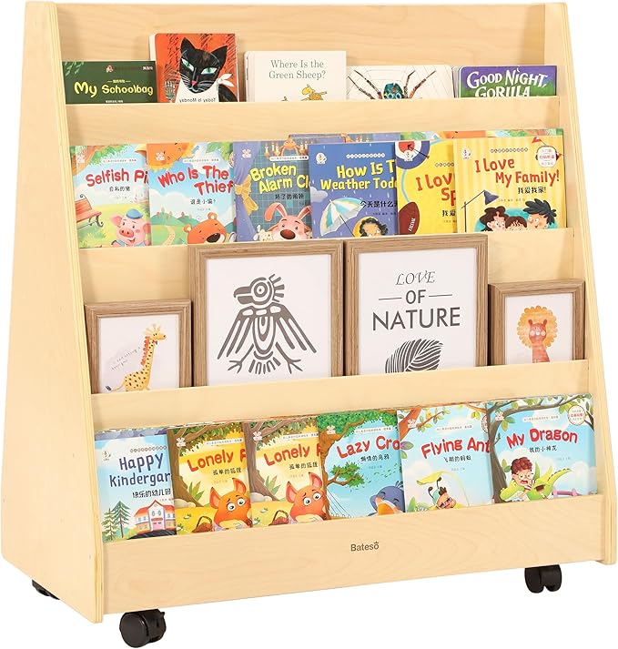 Kids Bookshelf for Toddlers and Babies, Double-Sided Wooden Montessori by Bateso