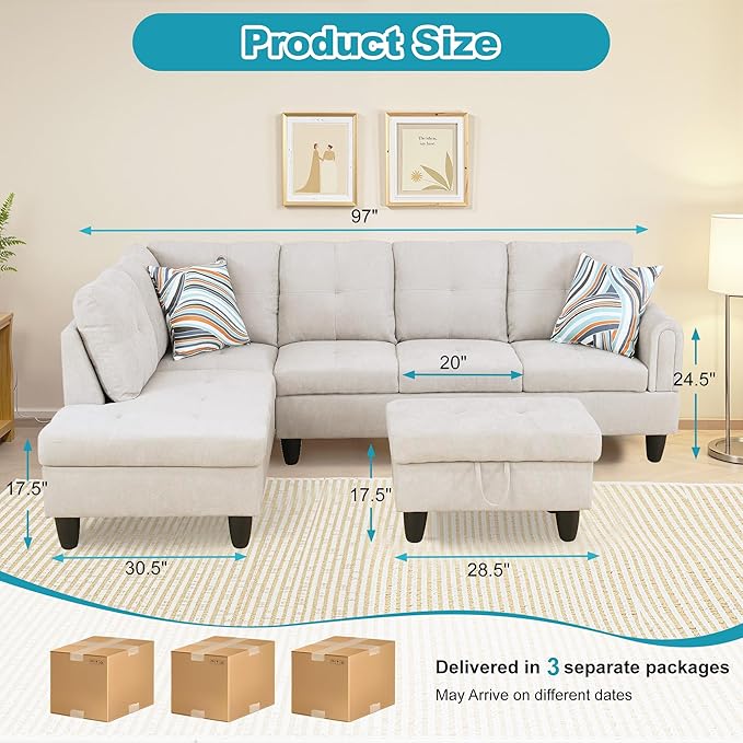 L Shaped Couch Modern Sectional Couch Upholstered Fluffy Fabric 3 Pieces Sofas - Image 2