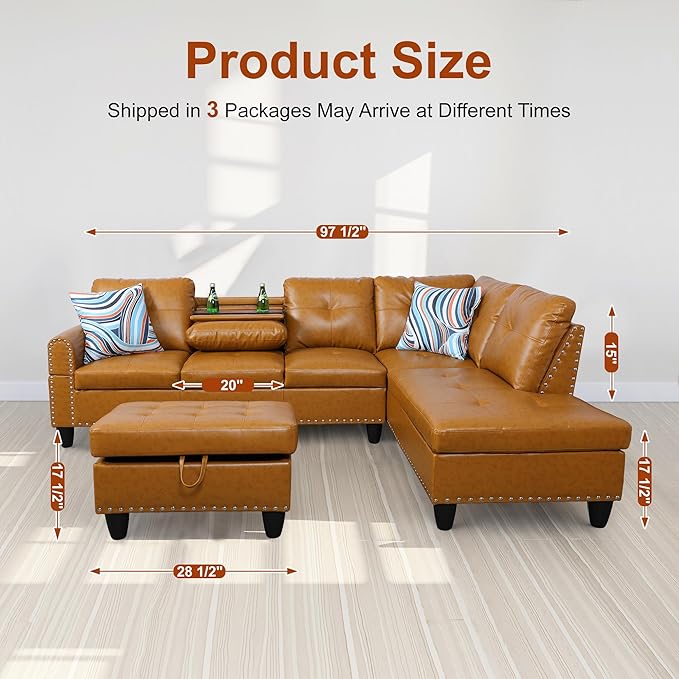 Osparple L Shaped Couch PU Leather Sectional Couch Upholstered 3 Pieces Sofas - Image 2