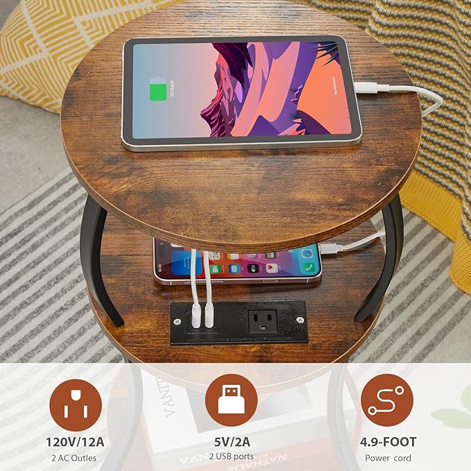 Small Round Side Table with Charging Station, 3-Tier Waist Circular End Table - Image 7