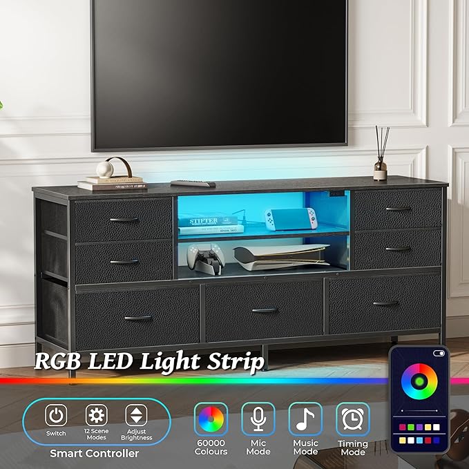 Huuger TV Stand Dresser with Power Outlets and LED Lights, 7 Drawer Console - Image 5