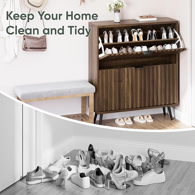 Smuxee Shoe Cabinet with 2 Flip Drawers, 31.5" Walnut Hidden Shoe Storage - Image 7