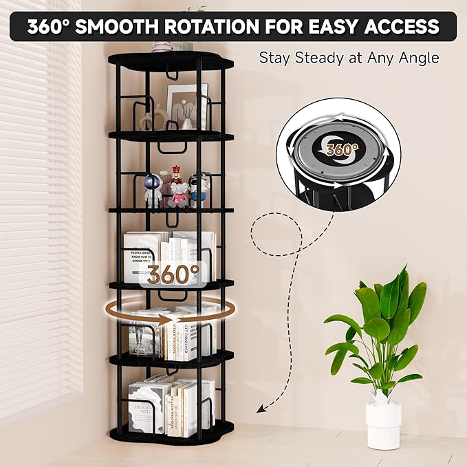 5-Tier Rotating Book Shelf, 360° Display Spinning Bookshelf Tower, Book - Image 5