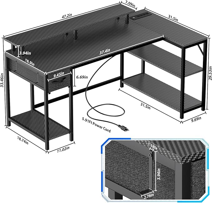 47 inch Gaming Desk with USB Charging Ports and LED Light, Reversible L Shaped - Image 2