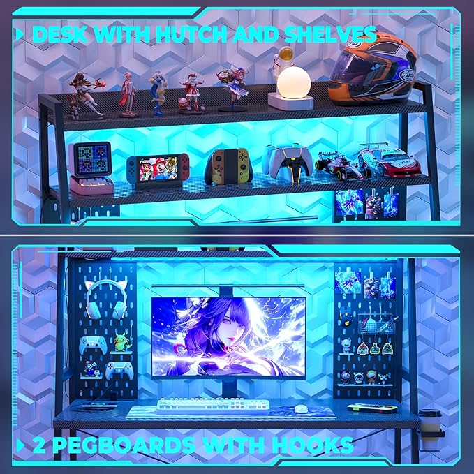 Small Gaming Desk with Hutch and LED Lights, Gaming Computer Desk with Power - Image 5
