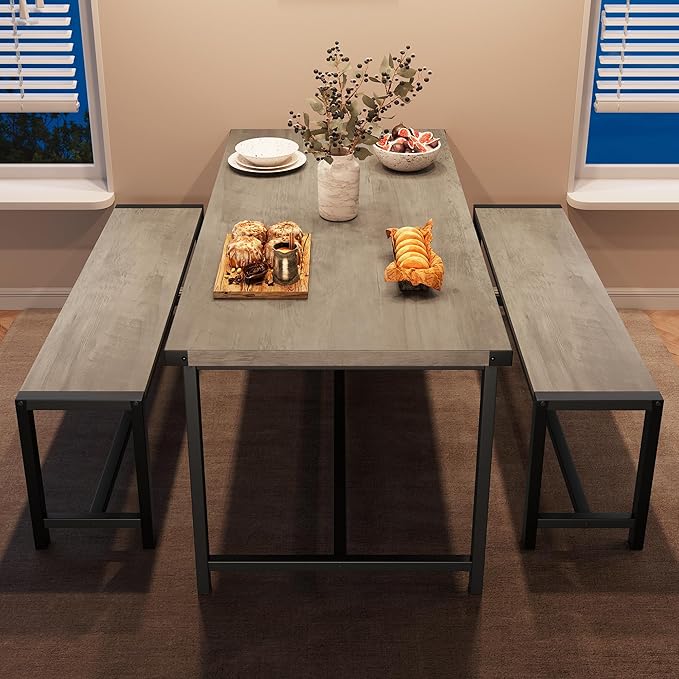 Dining Table Set for 4 with 2 Benches, 3-Piece Kitchen Table Set, Space-Saving - Image 5