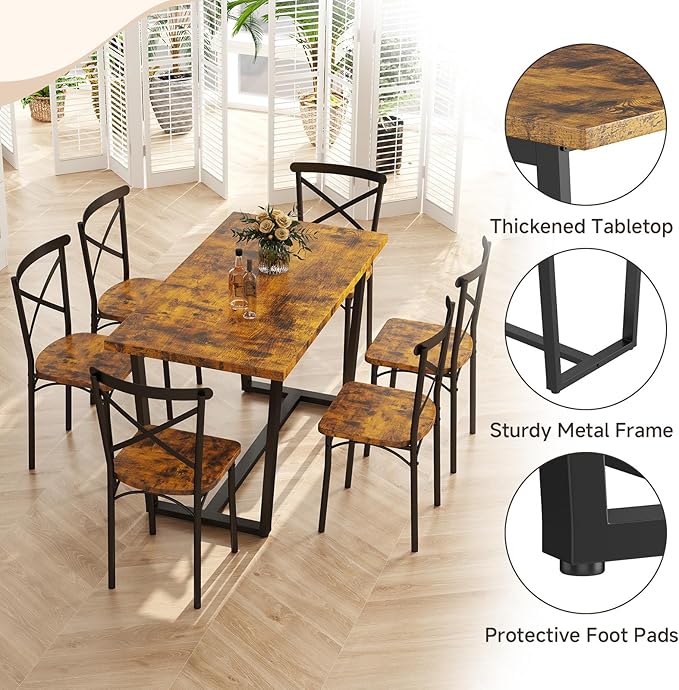 7-Piece Dining Table with Chairs Set, Rectangular Metal Frame Table with 6 - Image 3