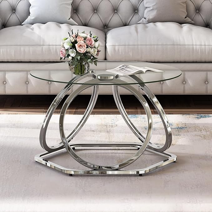 O&K FURNITURE Glass Coffee Table, Modern Silver Coffee Table Living Room Table - Image 3