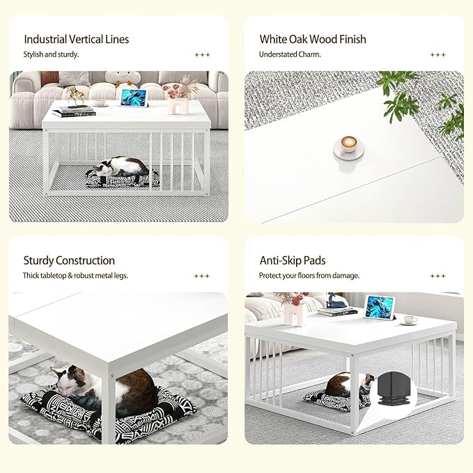 FOLUBAN White Coffee Table, Modern Rustic Wood and Metal Center Table, - Image 5