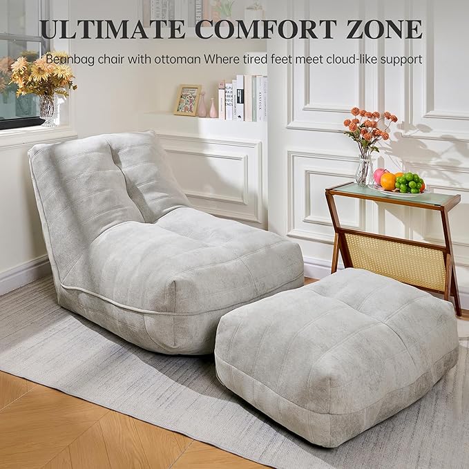 Bean Bag Chair with Ottoman, Comfy Bean Bag Sofa with Memory Foam, Lazy BeanBag - Image 6