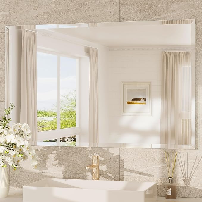 TokeShimi 48x30 Frameless Bathroom Mirror Rectangle, Tempered Beveled Mirror by RefinedBathroomAccessories