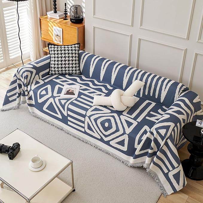 STACYPIK Reversible Boho Blue Beige Couch Cover - Image 7