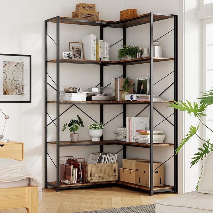 Shintenchi 5 Tier Corner Bookshelf, L Shaped Bookcase, Large Etagere Bookcase by Shintenchi