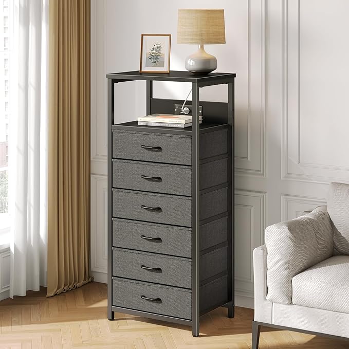 Seventable Night Stand with Charging Station, Tall Nightstand with 6 Fabric - Image 2