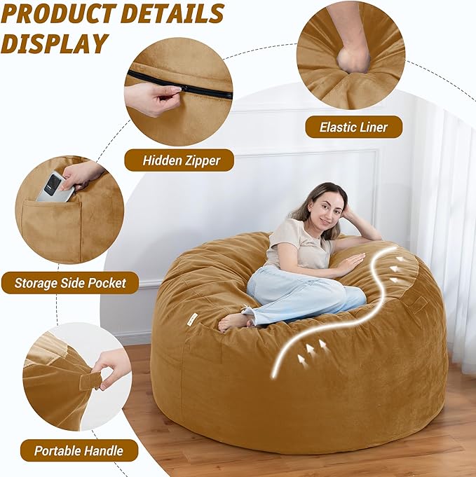 5FT Bean Bag Chair with Ultra Soft Velvet Cover Bean Bag Sofa with Memory Foam - Image 4
