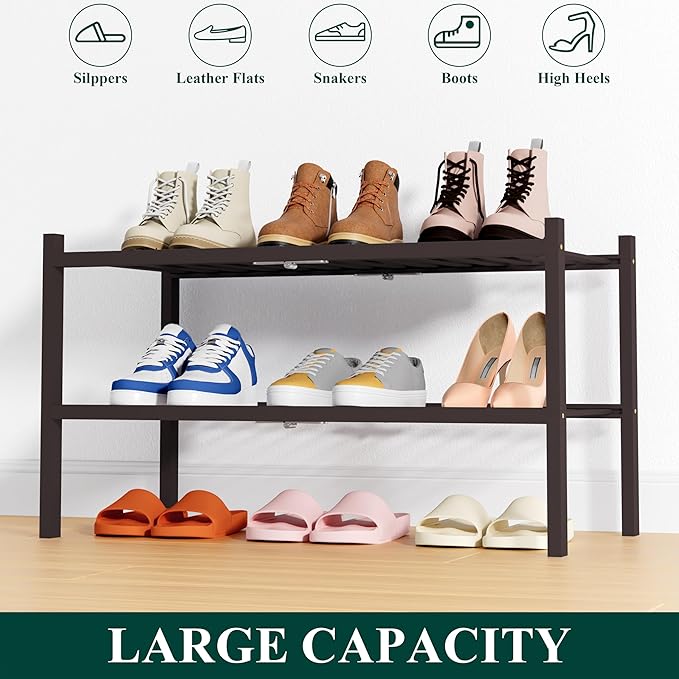 Smiry Shoe Rack, 2 Tier Thick Bamboo Shoe Organizer, Stackable Free Standing - Image 6