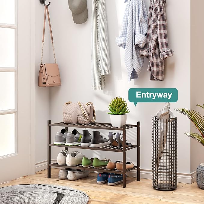 Shoe Rack for Closet, 3-Tier Bamboo Wood Shoe Racks, Stackable | Beautiful | - Image 2