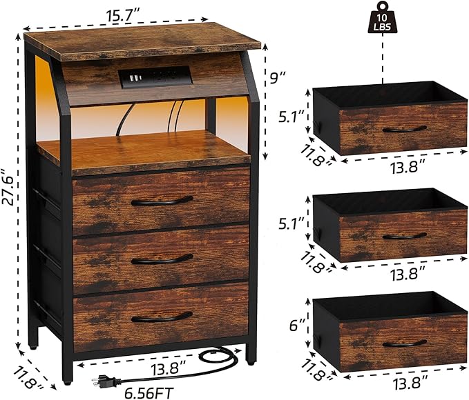 End Table with Charging Station, Nightstand with LED Lights and 3 Drawers - Image 3