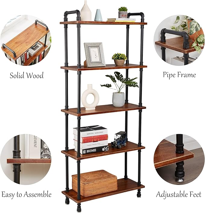 Industrial Bookshelf, 5 Shelf Bookcase, Rustic Brown Pipe Shelving - Image 3