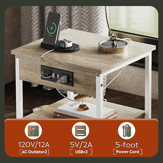 WLIVE Side Table with Charging Station and USB Ports, Small End Tables - Image 6