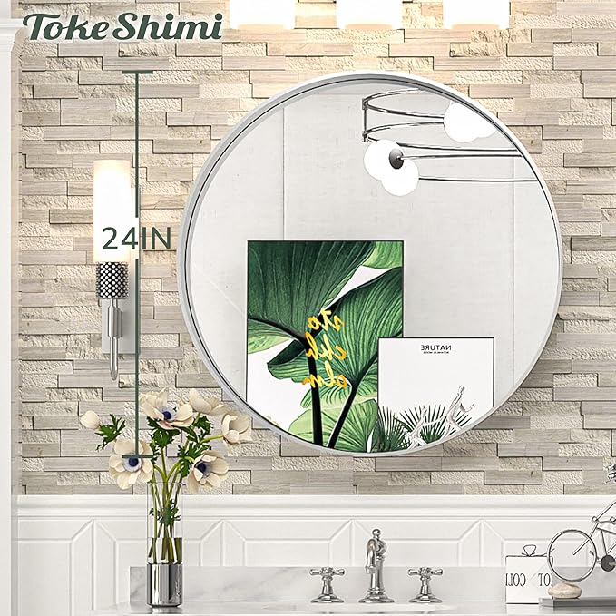 TokeShimi Round Mirror 24 Inch Brushed Silver Round Bathroom Mirror - Image 8