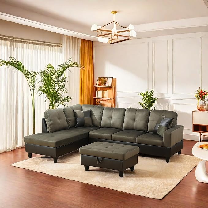 L Shaped Sectional Sofa with Ottoman, Color Blocking Flannel Leather Right by GlasFlength
