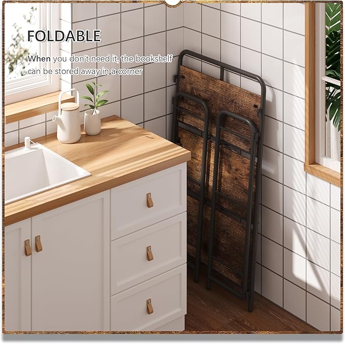4NM No Assembly Folding Bookshelf 3 Tiers Vintage Industrial Black Book Shelf - Image 5