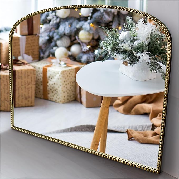 36"X28" Arched Wall Mirror for Fireplace Mantel, Vintage Gold Metal Beaded - Image 4