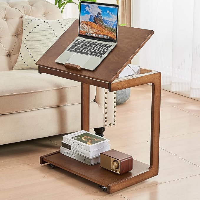 CozyDH Adjustable C Shaped End Table, Rolling Side Table Solid Wood TV Sofa by CozyDHDuvetCover