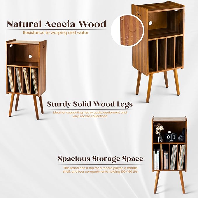 Wooden LP Record Player Stand, 3-Tier Turntable Stand Cabinet Holds up to 100 - Image 2