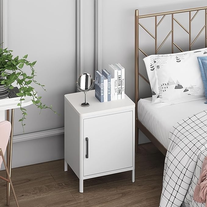 Nightstand with 1 Door, Metal Side Table with Wooden top - Image 7