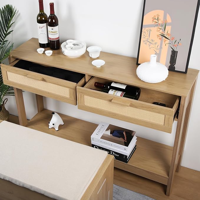Console Table with Rattan Drawers, Boho Rattan Entryway Table with Storage - Image 6
