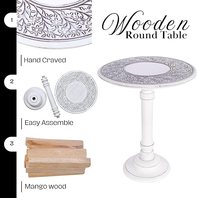 The Wooden Town Antique White Round Coffee Table – 18x22 Wood Accent Side Table - Image 3