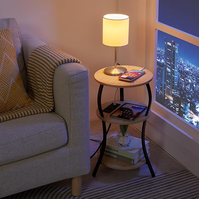 Small Round Side Table with Charging Station, 3-Tier Waist Circular End Table - Image 9