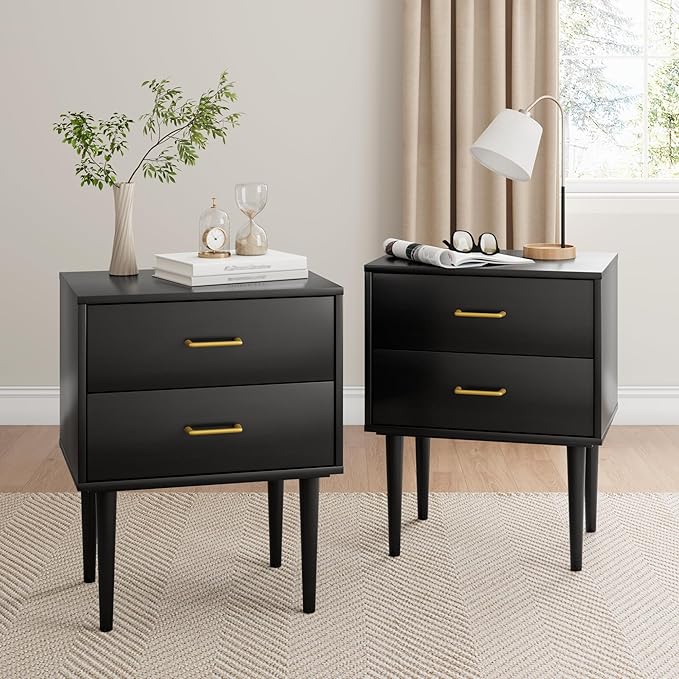 Black Nightstand with 2 Drawers, Tall Modern Night Stand Black, Wooden Night by Algherohein
