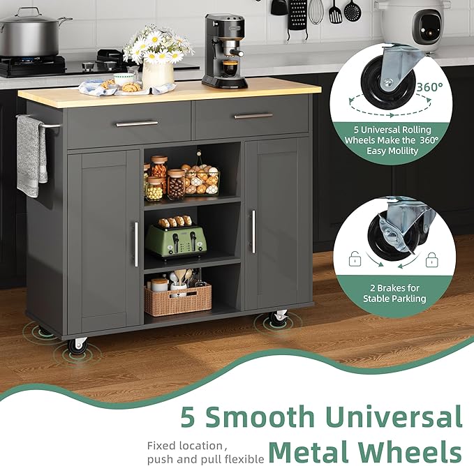 Shintenchi Kitchen Island with Storage, Kitchen Island Cart on Wheels with 3 - Image 5