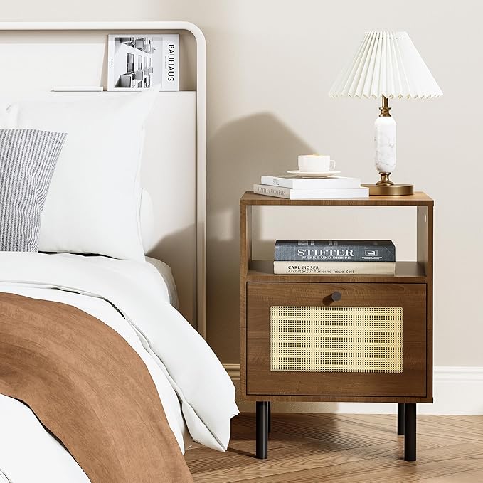 Rattan Nightstand with Storage Boho Modern Farmhouse Bedside Table with Drawer - Image 7