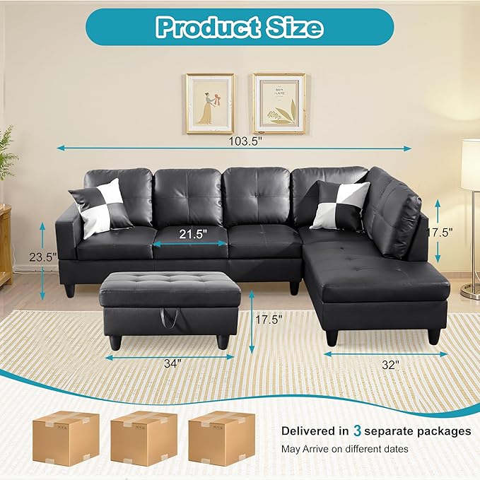 Couches for Living Room Faux Leather L Shaped Couch Comfy 3 Pieces Sectional - Image 2