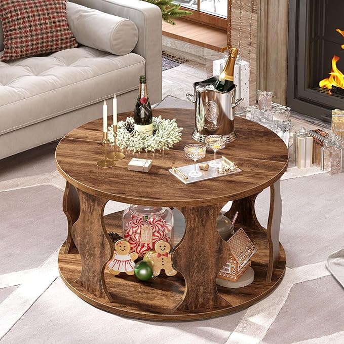 HSH Round Wood Coffee Table, Rustic Brown Circle Center Table - Image 6