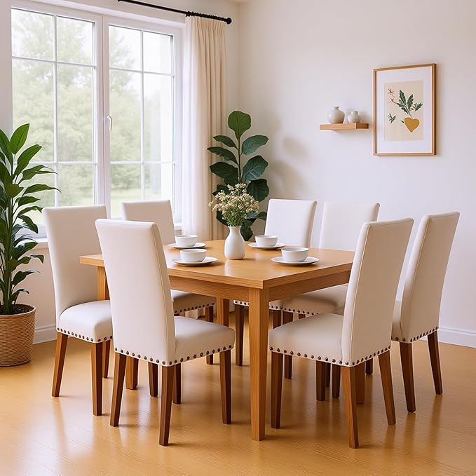 Set of 6 Beige Upholstered Dining Chairs – Farmhouse Kitchen Chairs - Image 7