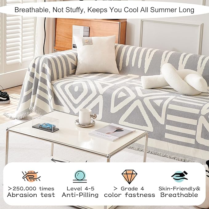 STACYPIK Boho Geometric Sofa Cover Chenille Gray White Cream Triangle Couch - Image 3
