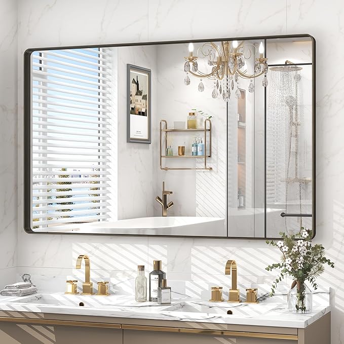 48x30 Bronze Framed Bathroom Mirror, Rectangle Brushed Bronze Metal Vanity by VANLIOBathroomMirror